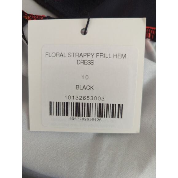 Misguided Floral Strappy Frill Hem Mini Dress - Size 10 - Black Orange Party NWT - Picture 12 of 13